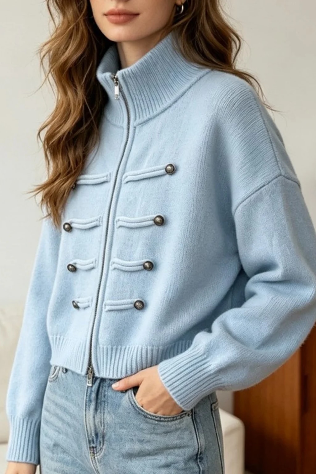 Knit Cardigan with Double Zipper and Button Detail - 9