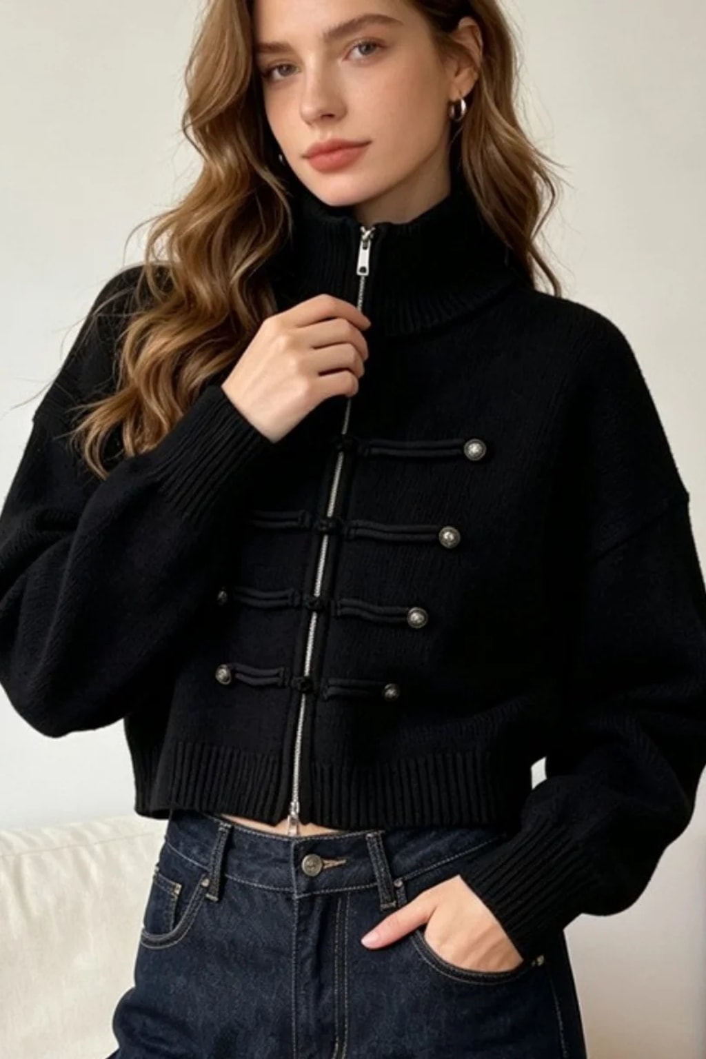 Knit Cardigan with Double Zipper and Button Detail - 7
