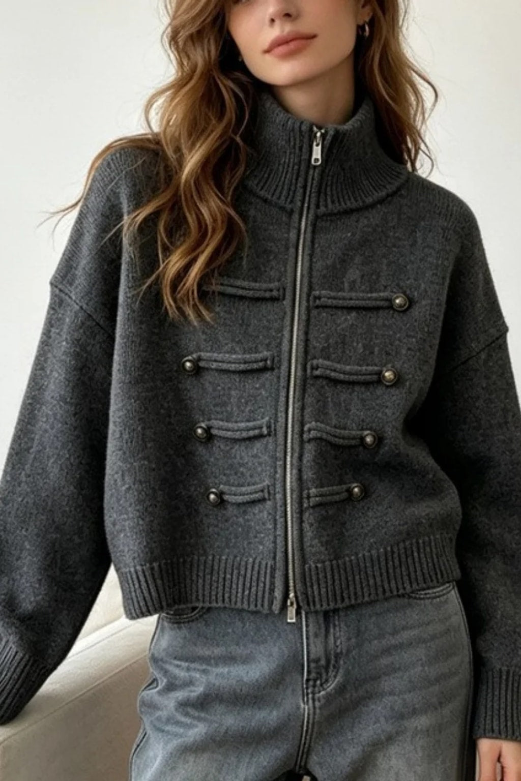 Knit Cardigan with Double Zipper and Button Detail - 6
