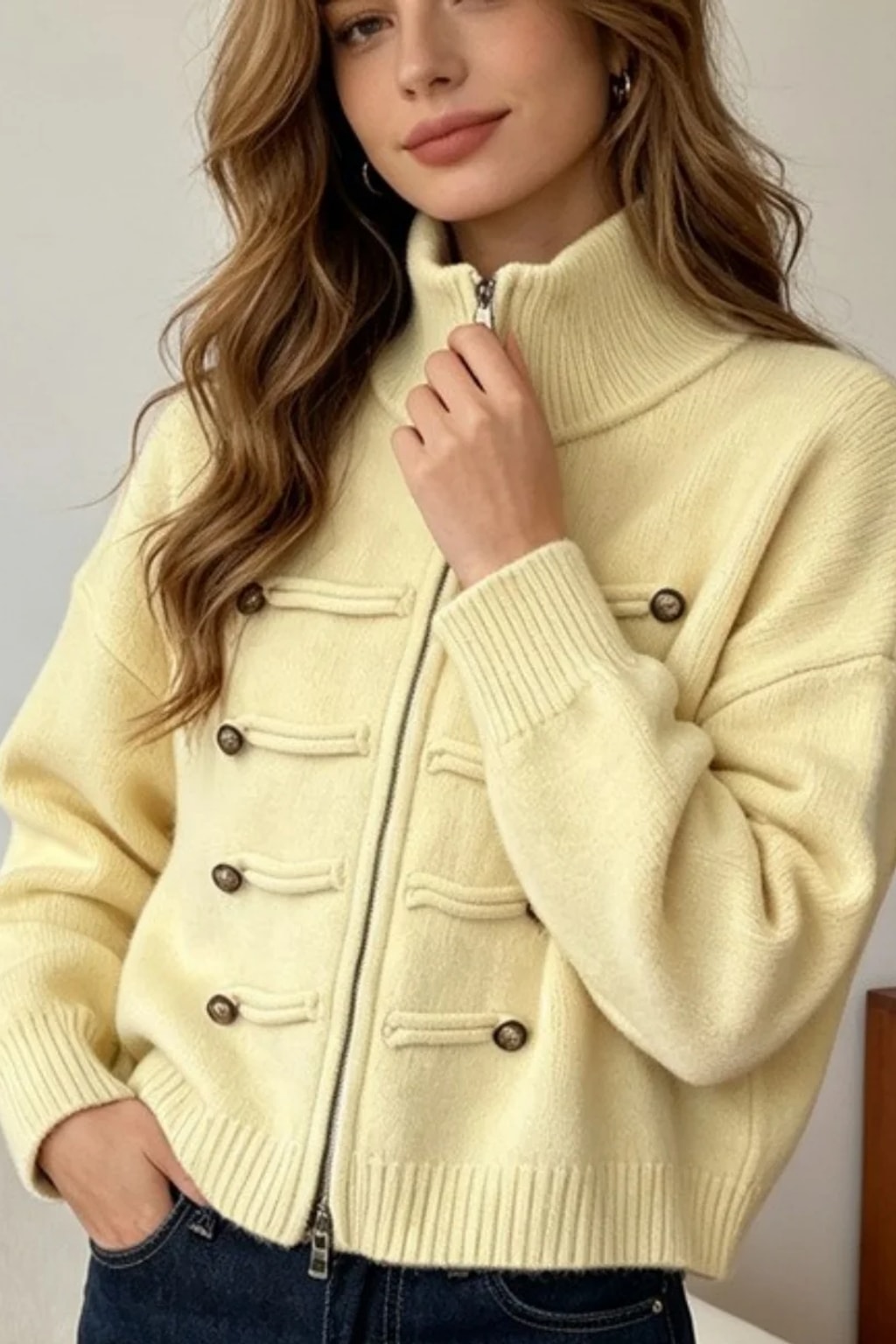 Knit Cardigan with Double Zipper and Button Detail - 11