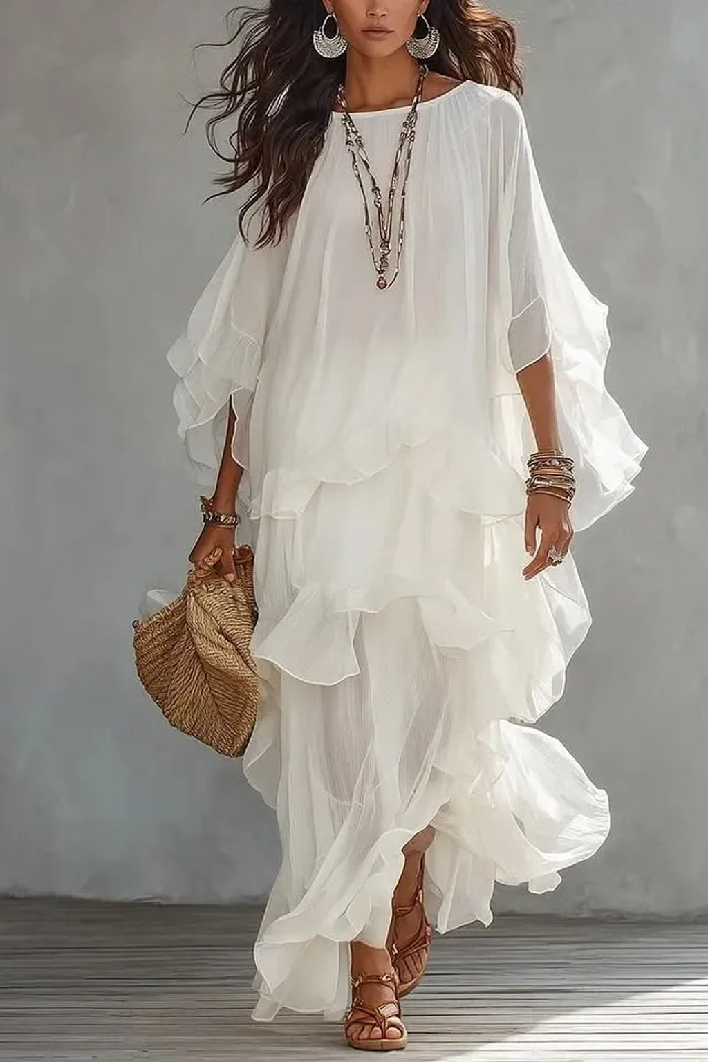 Synthetic Fiber Maxi Dress With Batwing Sleeves - 8