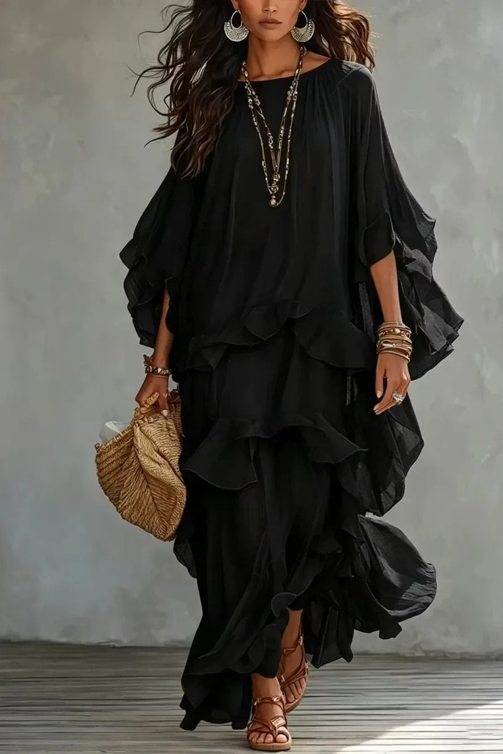 Synthetic Fiber Maxi Dress With Batwing Sleeves - 4
