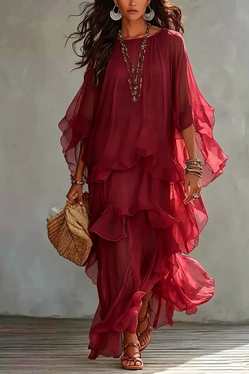 Synthetic Fiber Maxi Dress With Batwing Sleeves - 2
