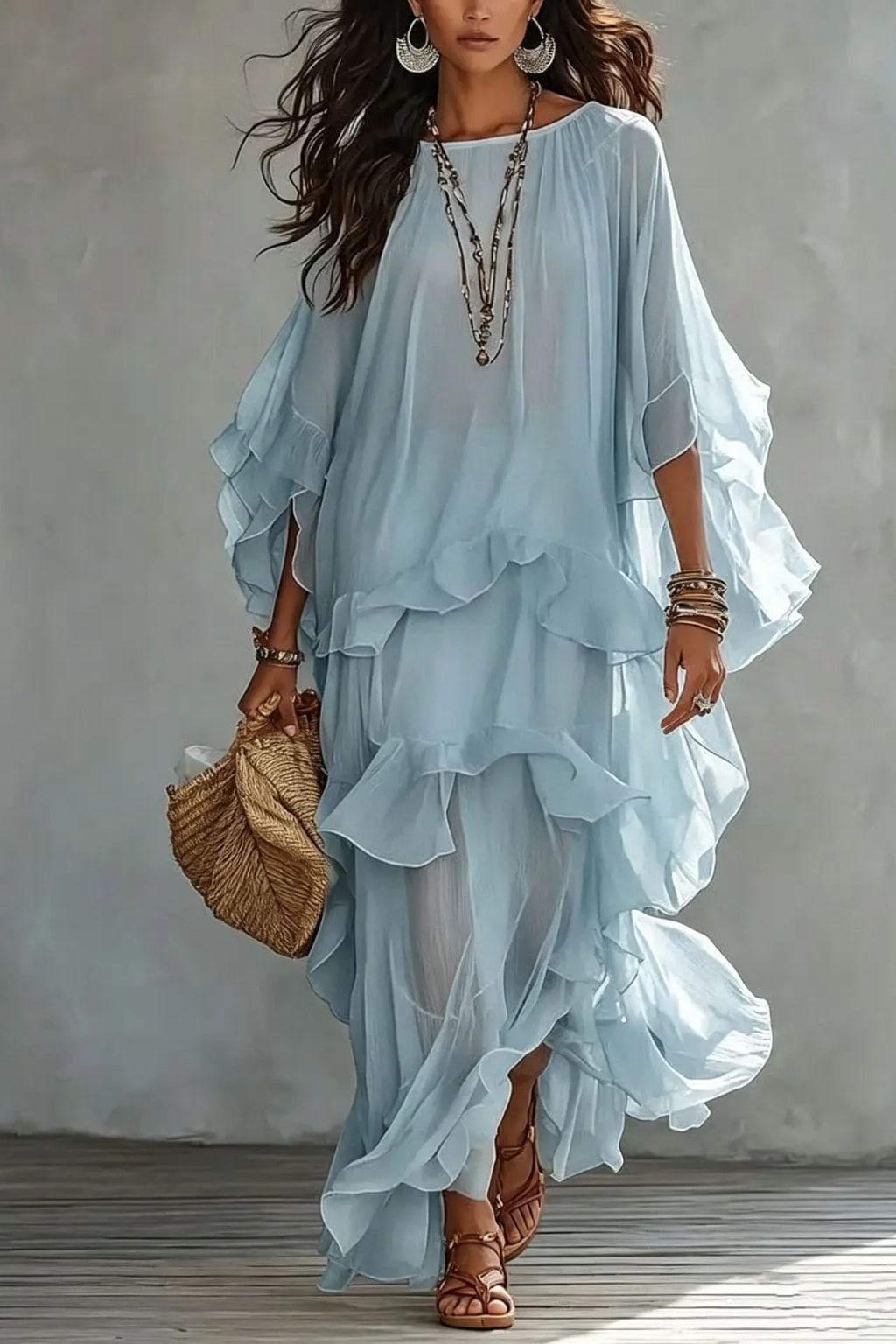 Synthetic Fiber Maxi Dress With Batwing Sleeves - 5