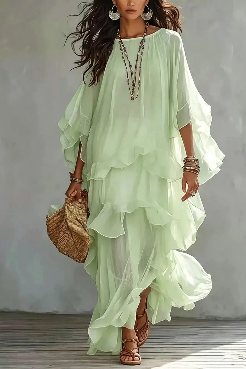 Synthetic Fiber Maxi Dress With Batwing Sleeves - 6