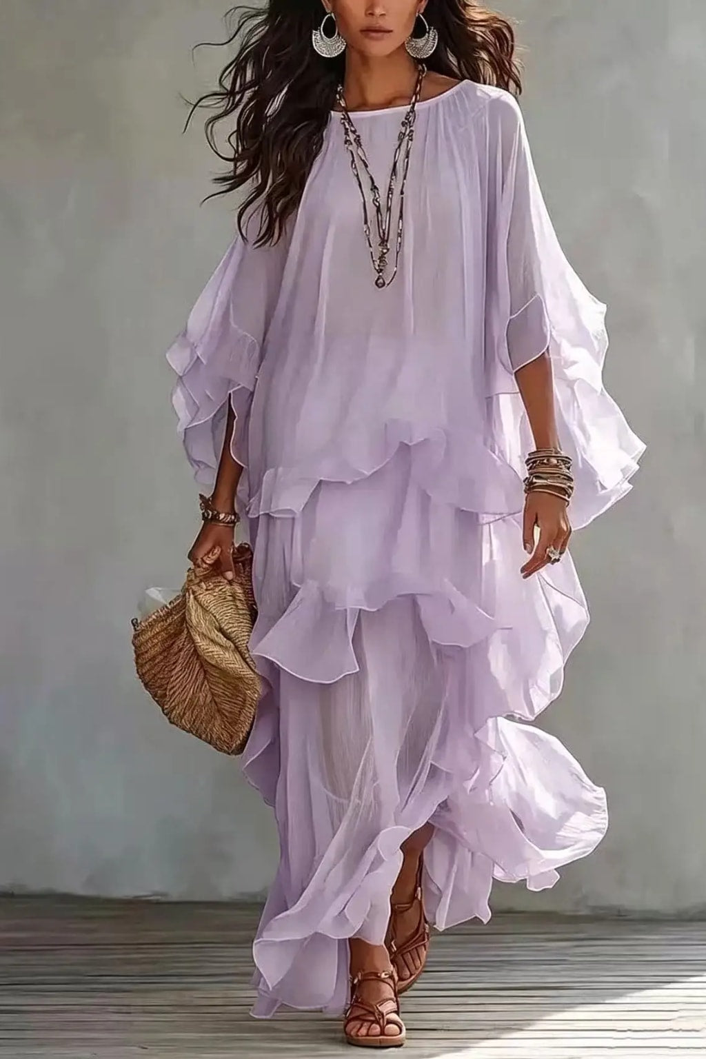 Synthetic Fiber Maxi Dress With Batwing Sleeves - 7