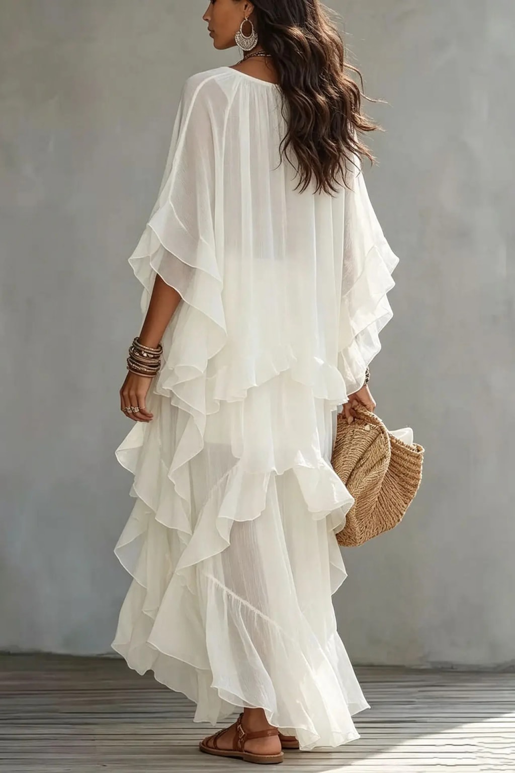 Synthetic Fiber Maxi Dress With Batwing Sleeves - 9