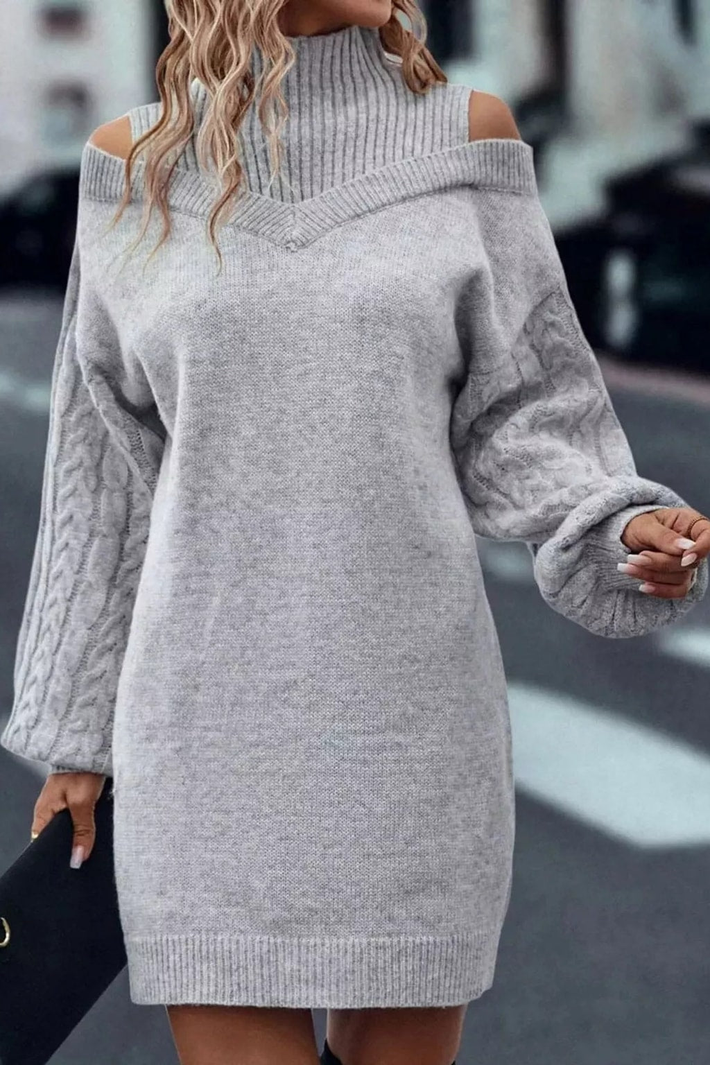 Polyester Sweater Dress With Cold Shoulder Cutouts - 3