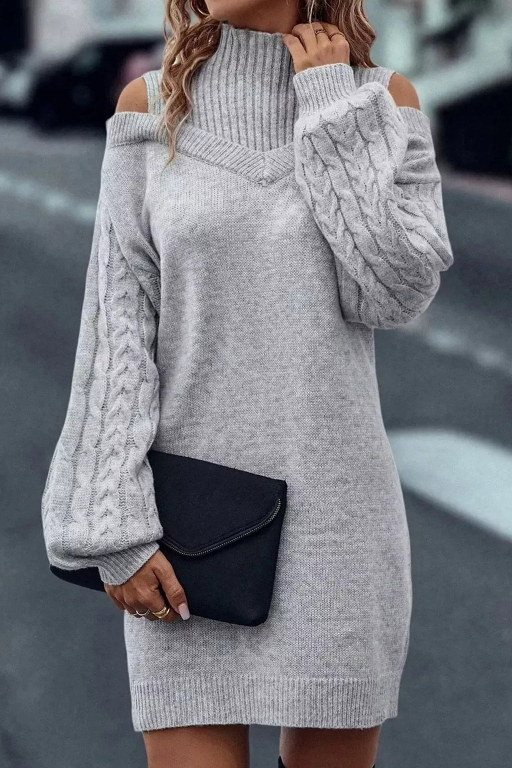 Polyester Sweater Dress With Cold Shoulder Cutouts - 4
