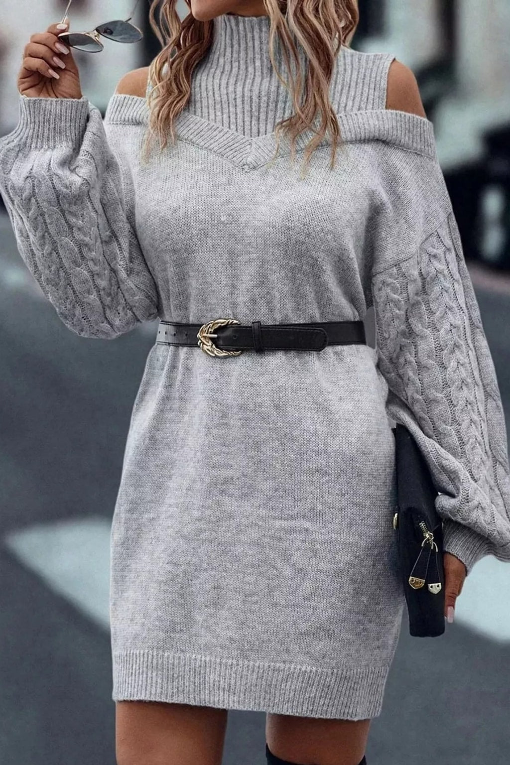 Polyester Sweater Dress With Cold Shoulder Cutouts - 5