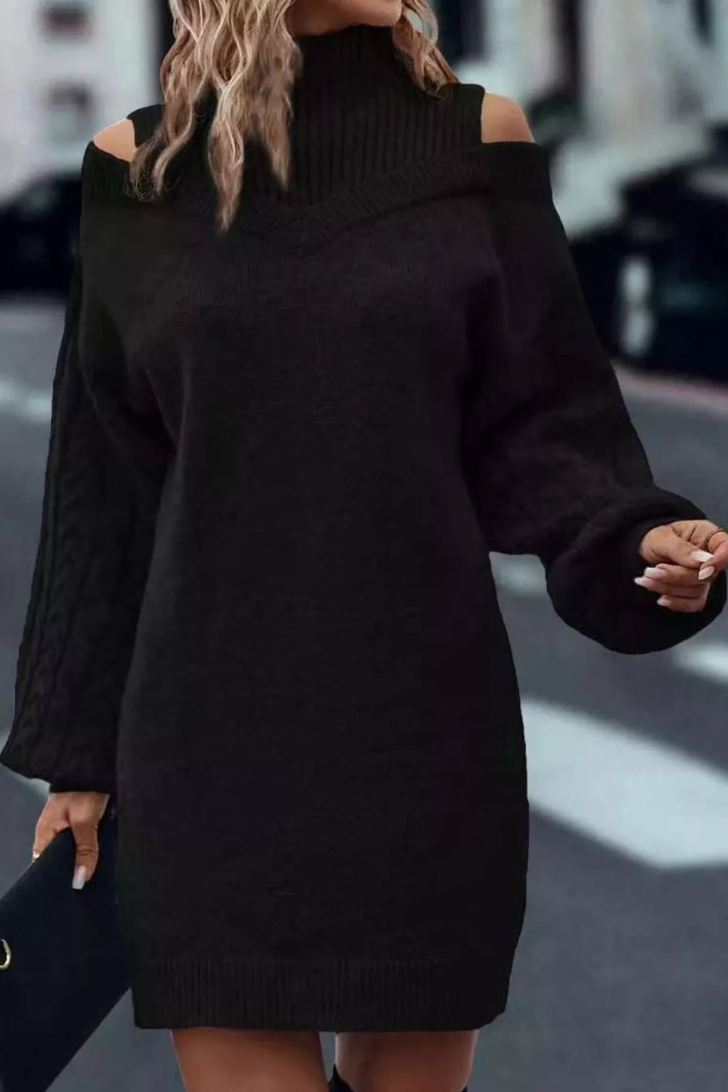 Polyester Sweater Dress With Cold Shoulder Cutouts - 7
