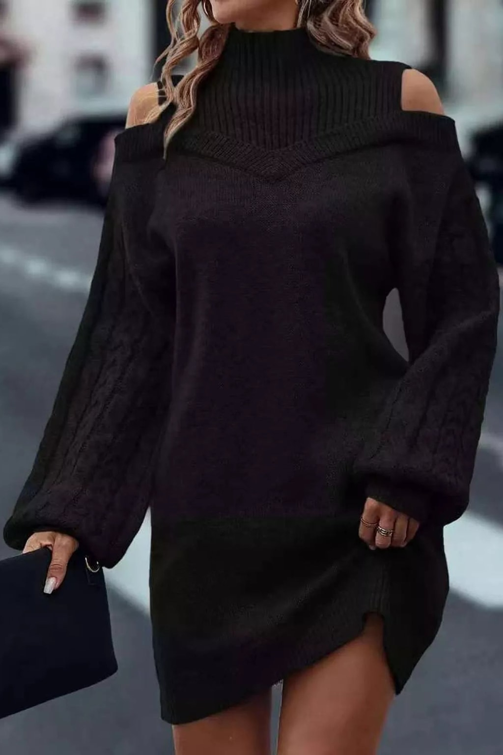 Polyester Sweater Dress With Cold Shoulder Cutouts - 8