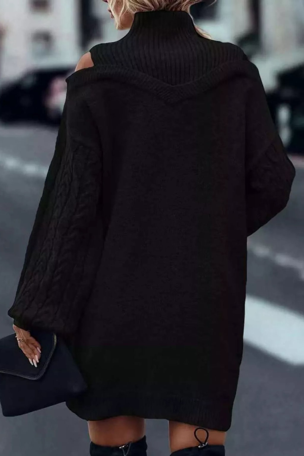 Polyester Sweater Dress With Cold Shoulder Cutouts - 9