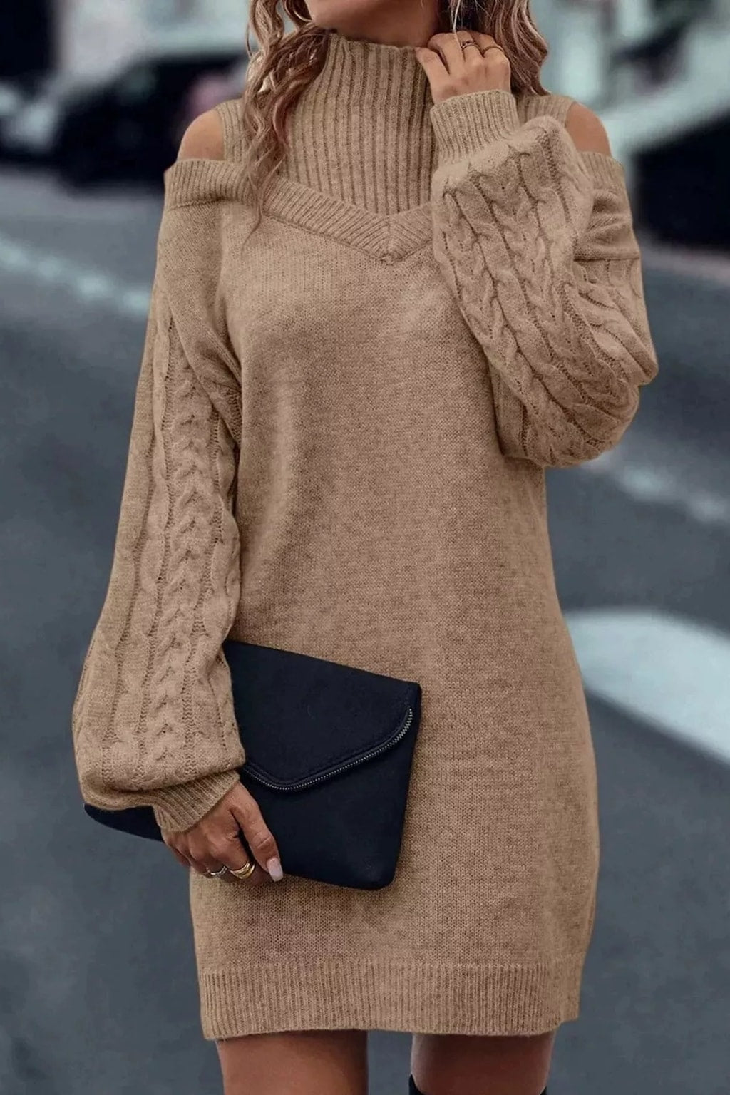 Polyester Sweater Dress With Cold Shoulder Cutouts - 10