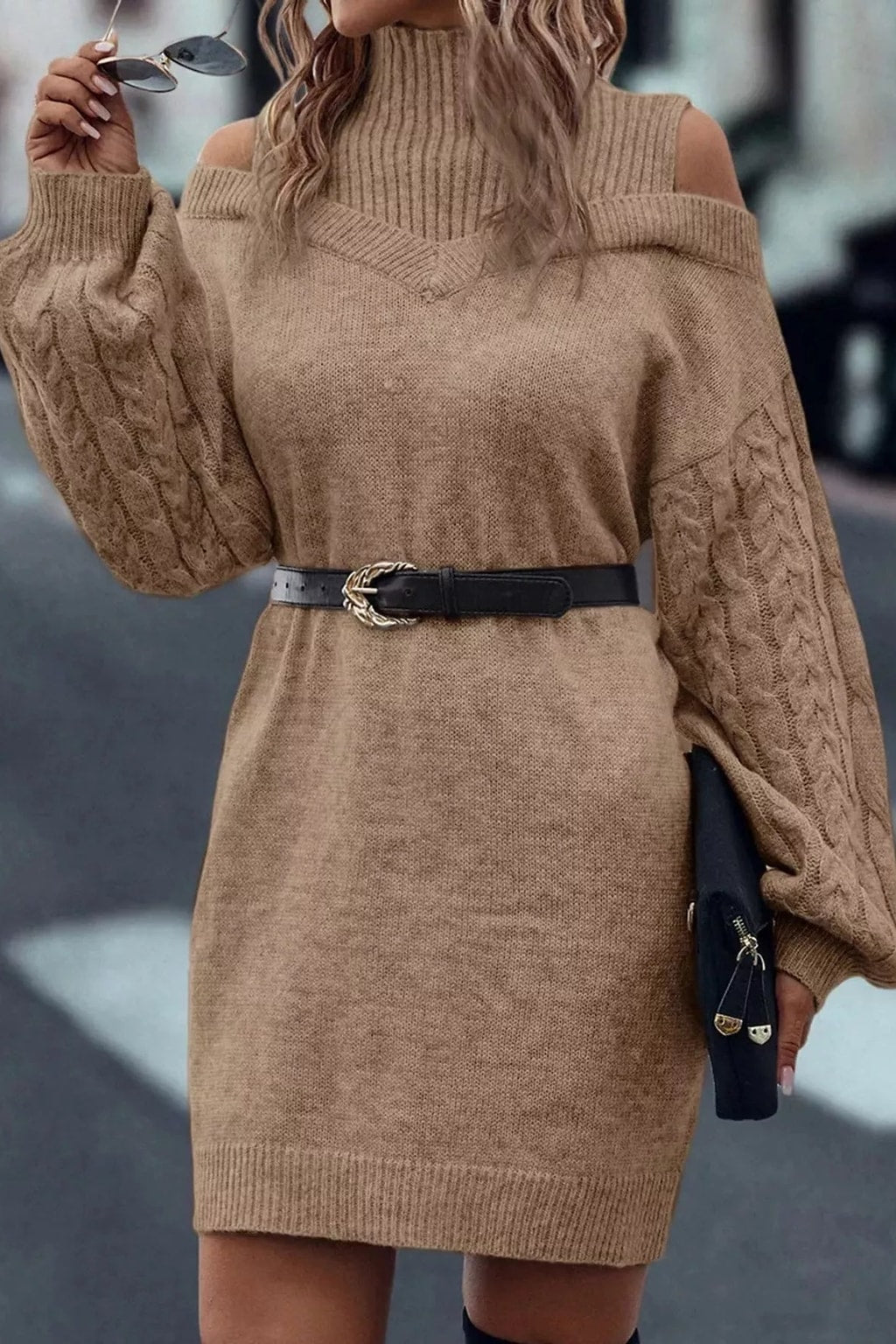 Polyester Sweater Dress With Cold Shoulder Cutouts - 11