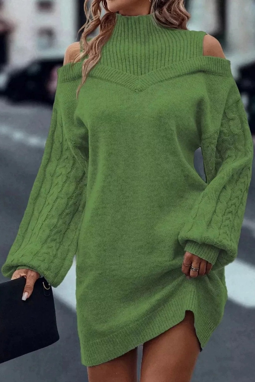 Polyester Sweater Dress With Cold Shoulder Cutouts - 14