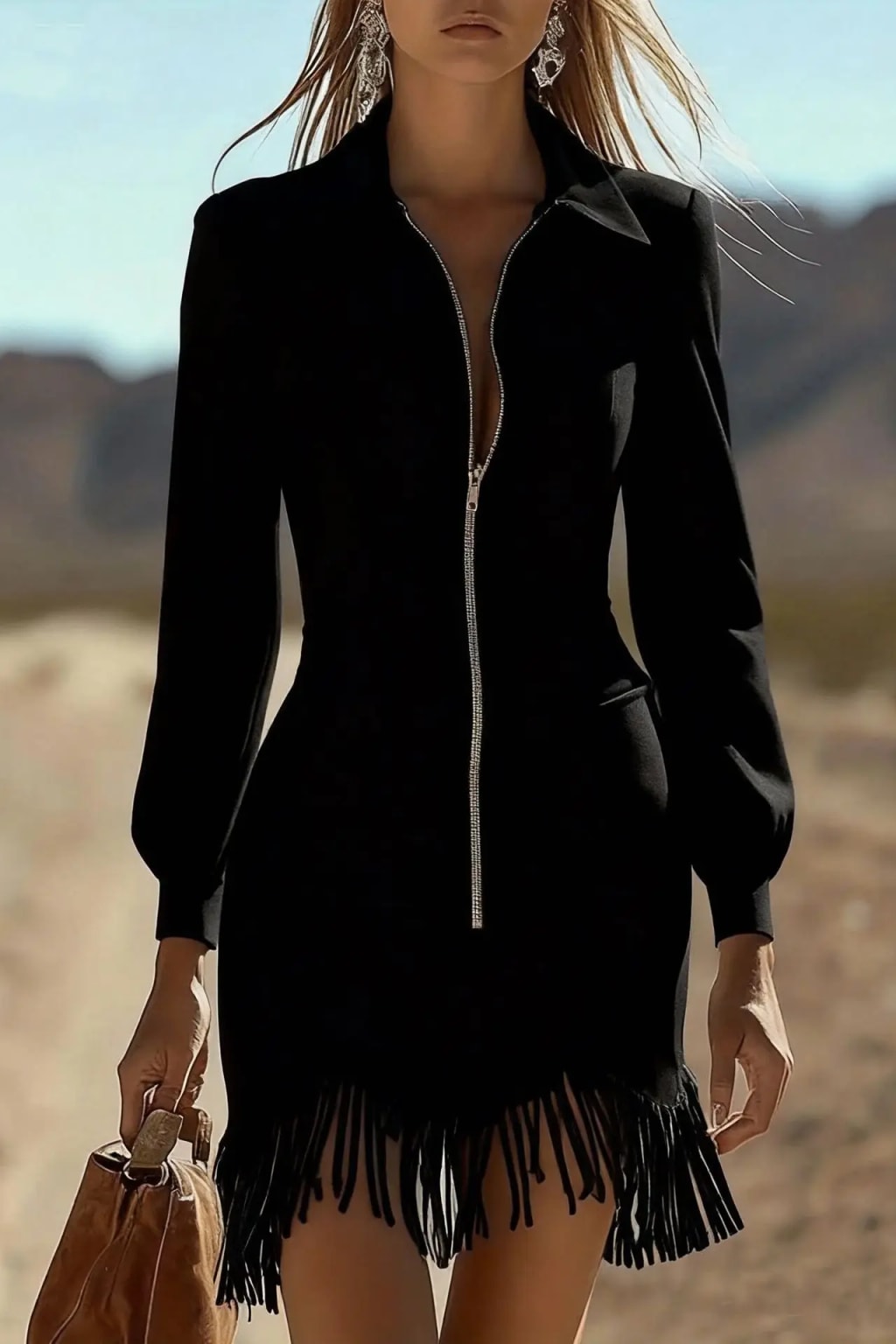 Synthetic Fiber Mini Dress With Zipper And Tassel Detail - 6
