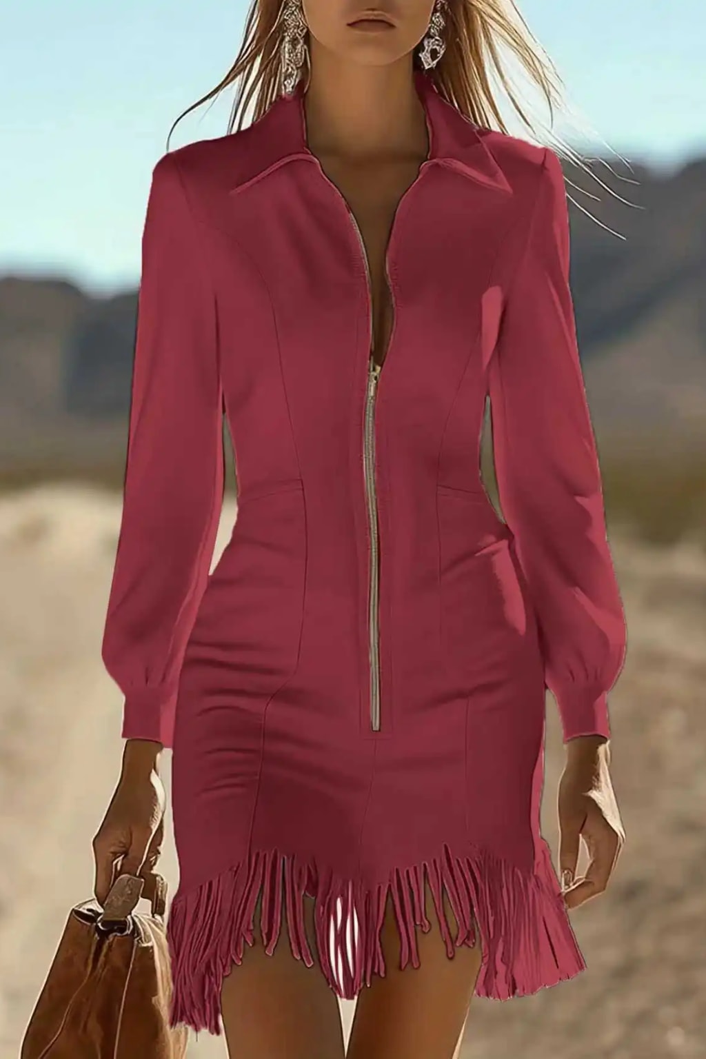 Synthetic Fiber Mini Dress With Zipper And Tassel Detail - 7