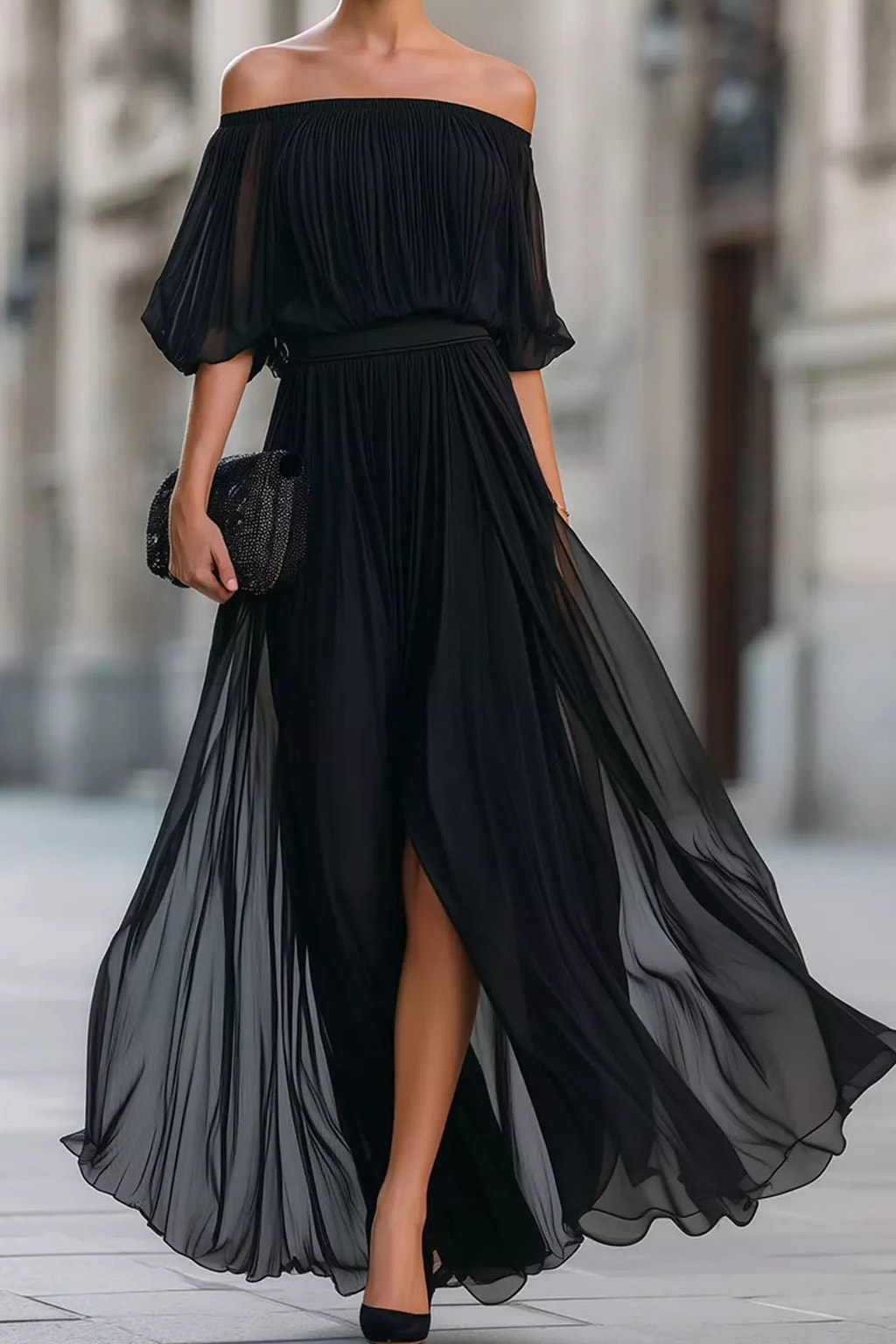 Chiffon Maxi Dress Off-Shoulder Ruched Silhouette - 2
