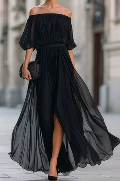 Chiffon Maxi Dress Off-Shoulder Ruched Silhouette - 2