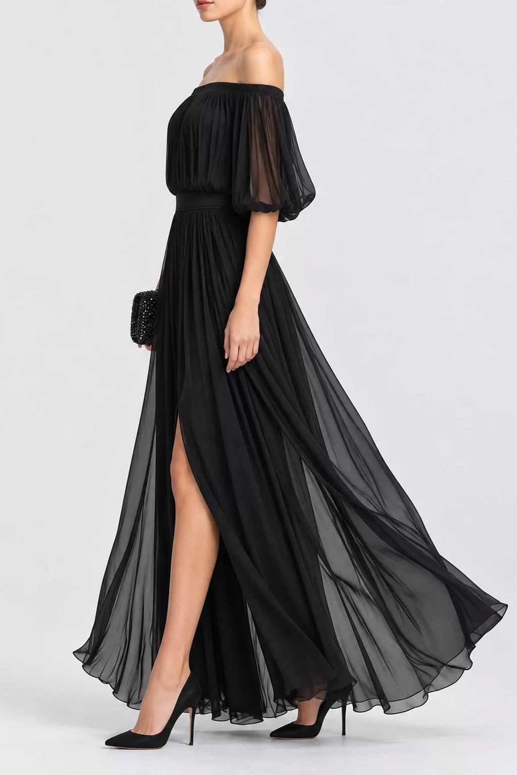 Chiffon Maxi Dress Off-Shoulder Ruched Silhouette - 3