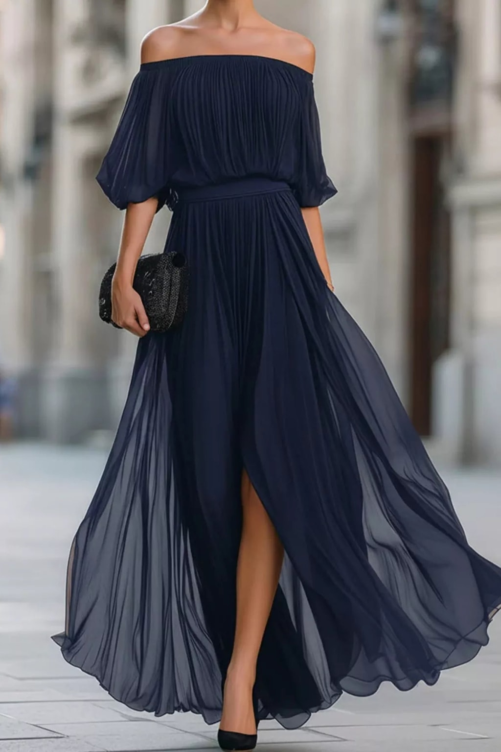 Chiffon Maxi Dress Off-Shoulder Ruched Silhouette - 5