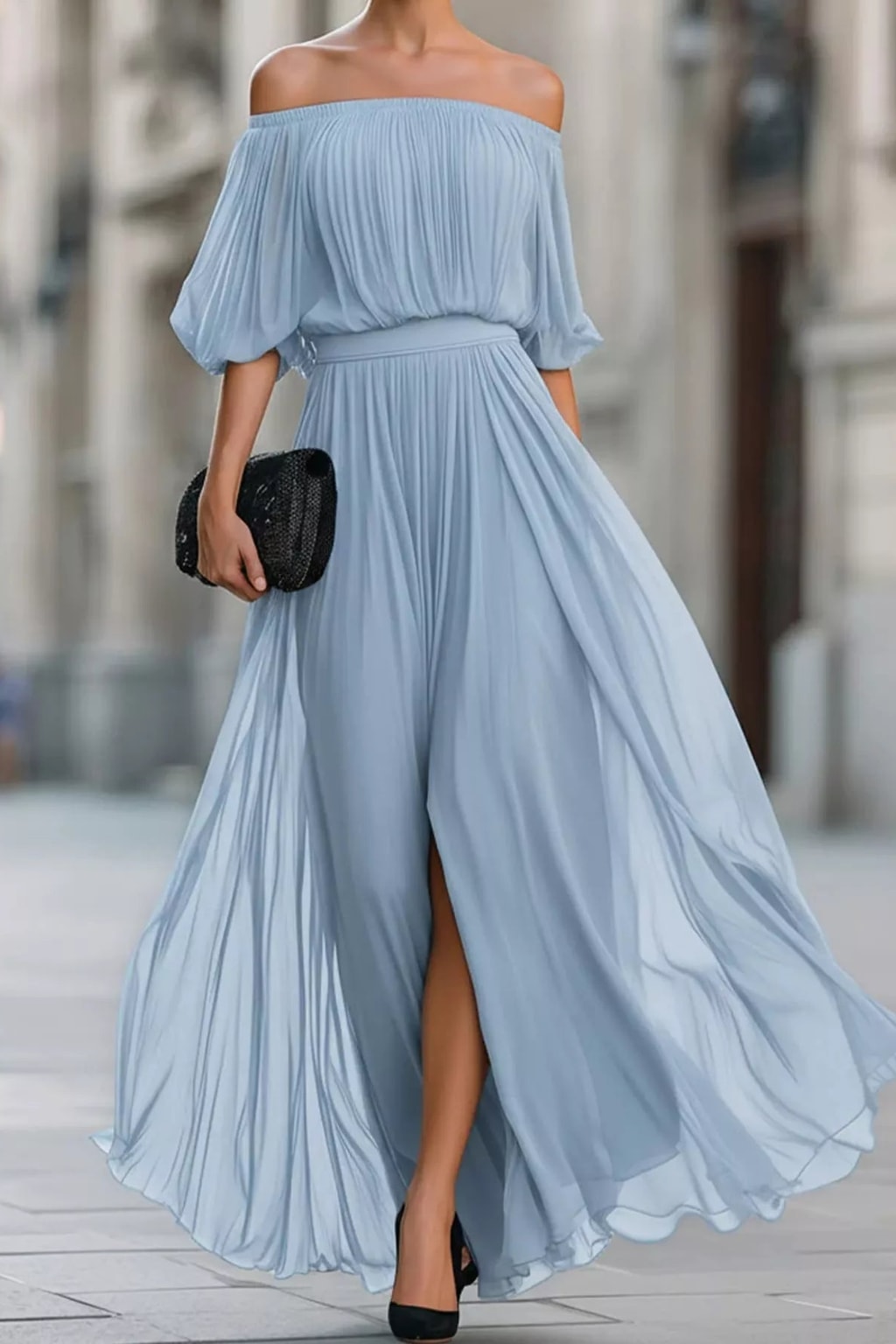 Chiffon Maxi Dress Off-Shoulder Ruched Silhouette - 9