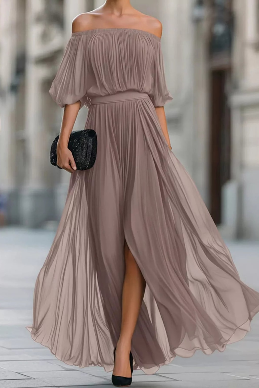 Chiffon Maxi Dress Off-Shoulder Ruched Silhouette - 6