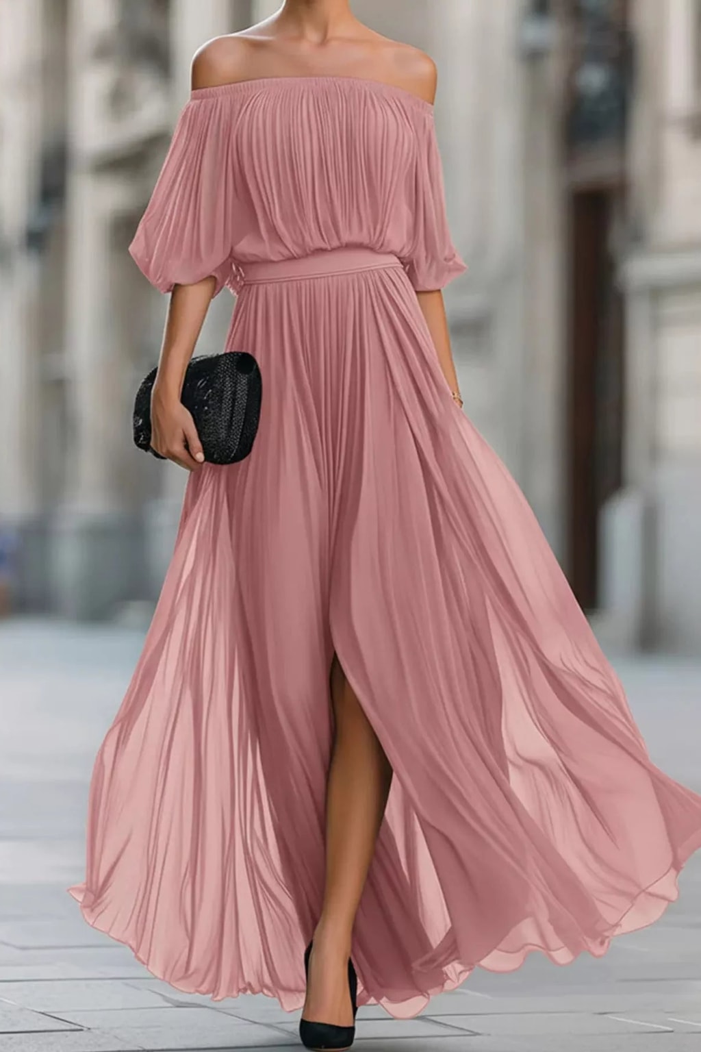 Chiffon Maxi Dress Off-Shoulder Ruched Silhouette - 7