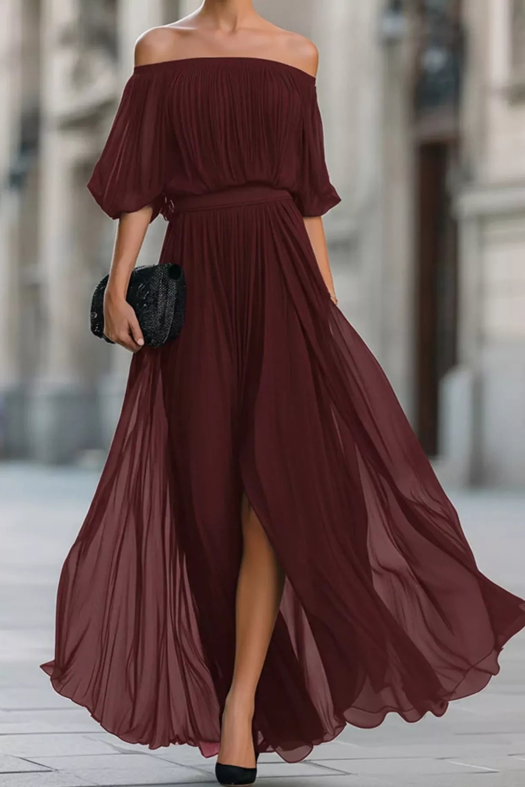 Chiffon Maxi Dress Off-Shoulder Ruched Silhouette - 8