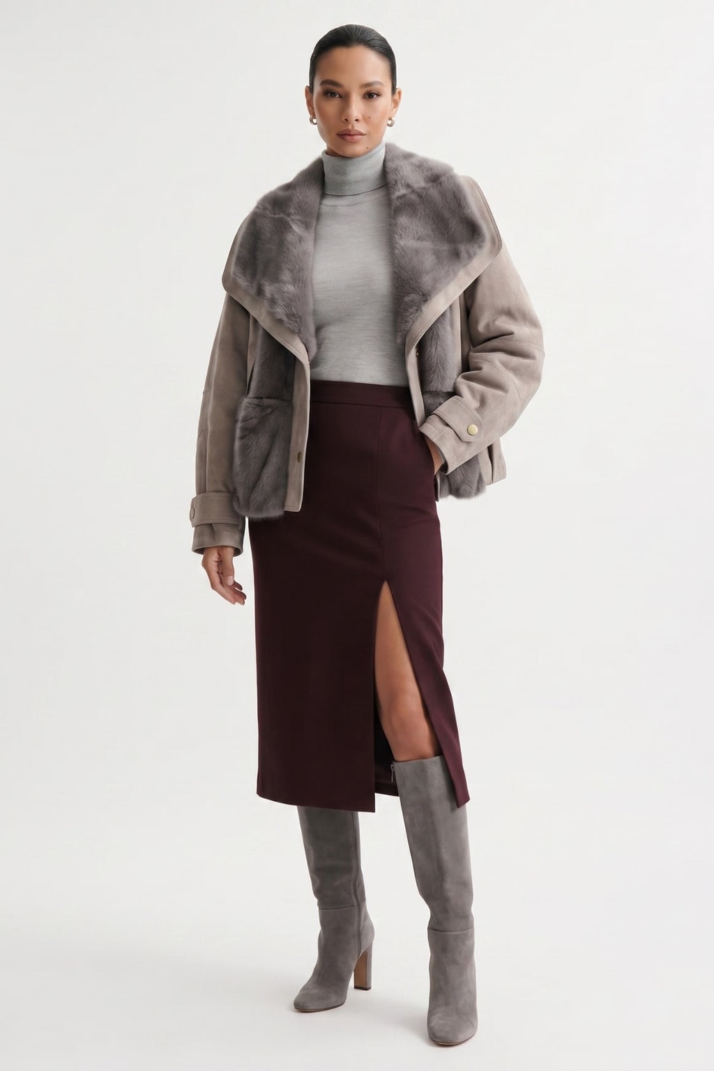 Suede Goose Down Short Coat With Fur Detail - 2