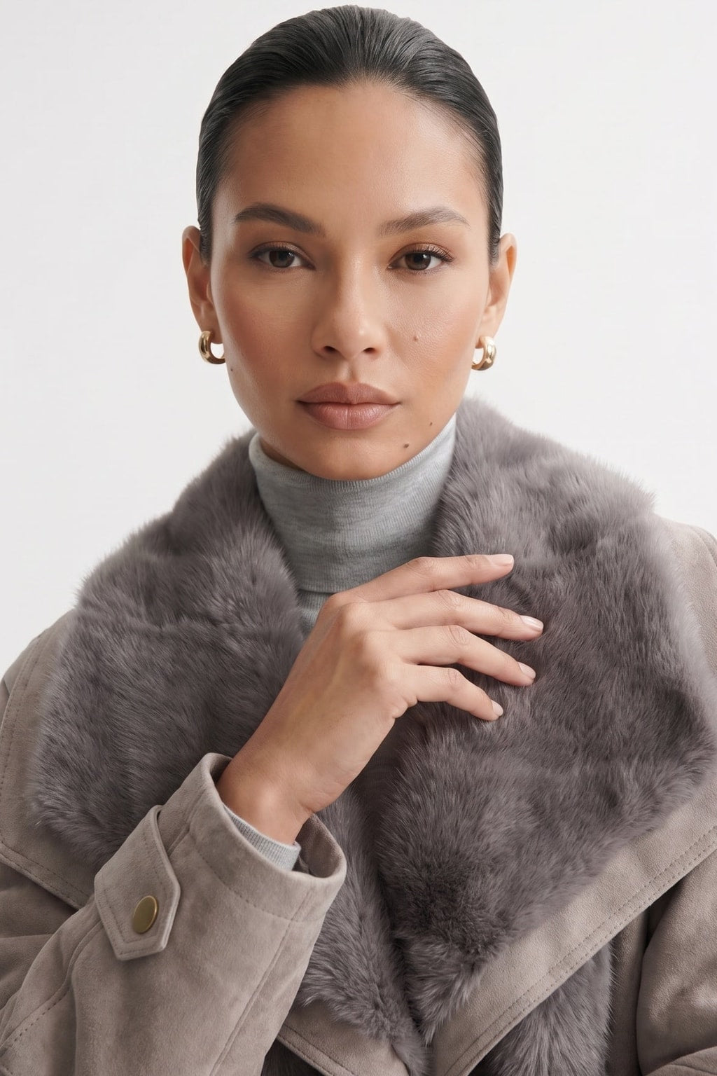 Suede Goose Down Short Coat With Fur Detail - 4