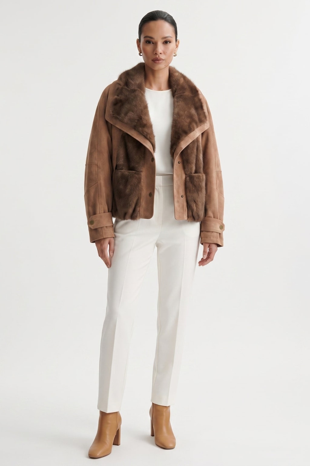 Suede Goose Down Short Coat With Fur Detail - 5