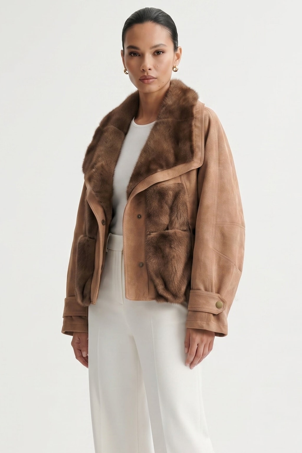 Suede Goose Down Short Coat With Fur Detail - 6
