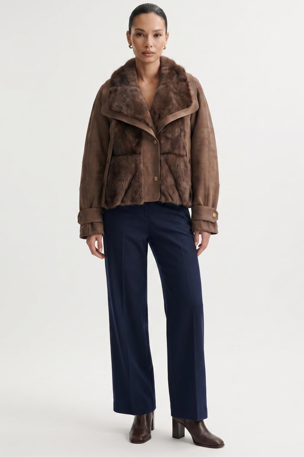 Suede Goose Down Short Coat With Fur Detail - 8