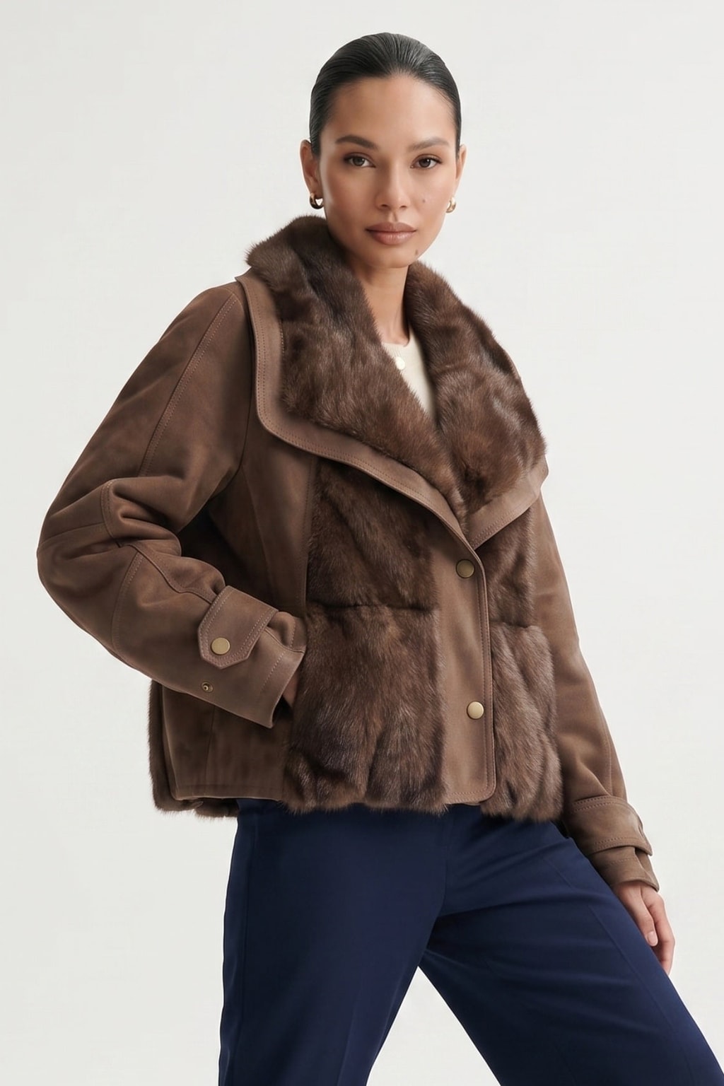 Suede Goose Down Short Coat With Fur Detail - 9