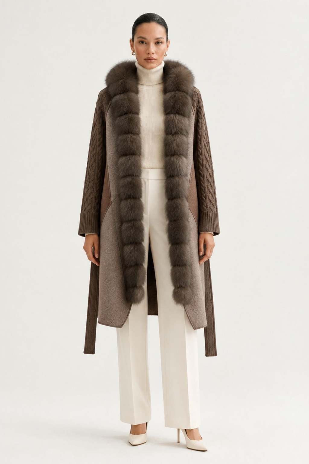 Wool Long Coat With Belted Silhouette And Fox Fur Placket - 3