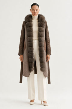 Wool Long Coat With Belted Silhouette And Fox Fur Placket - 3