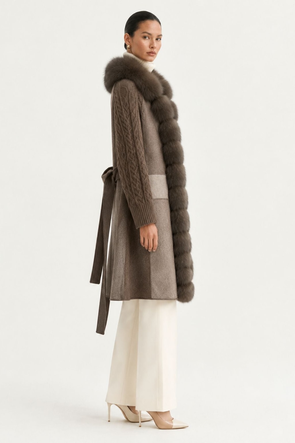 Wool Long Coat With Belted Silhouette And Fox Fur Placket - 4