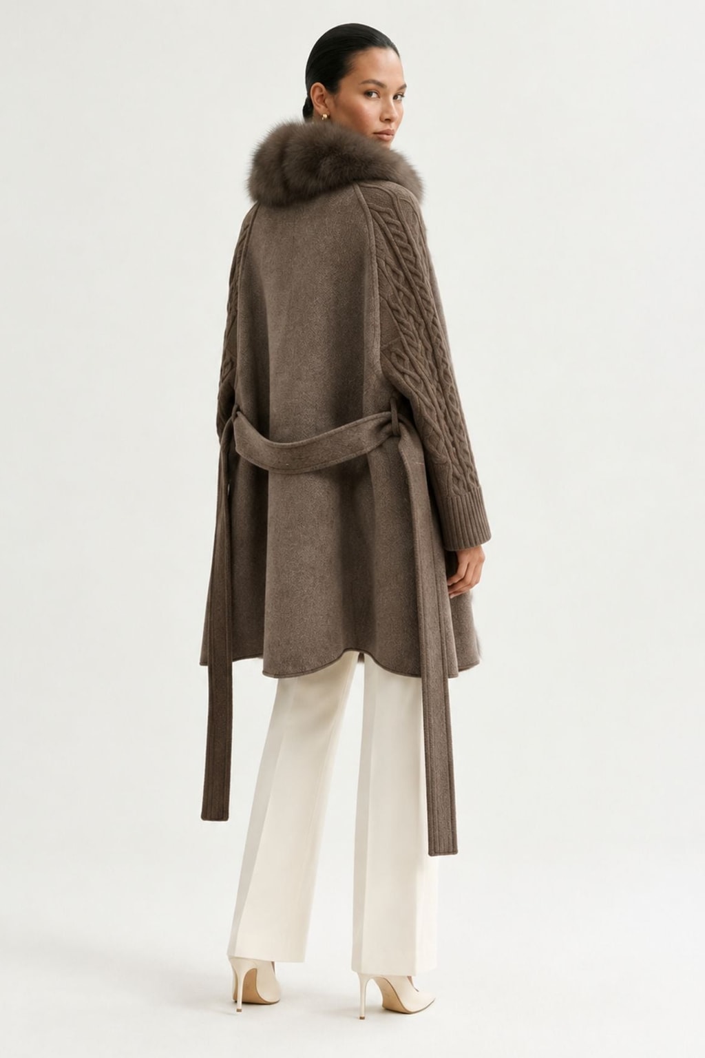 Wool Long Coat With Belted Silhouette And Fox Fur Placket - 5