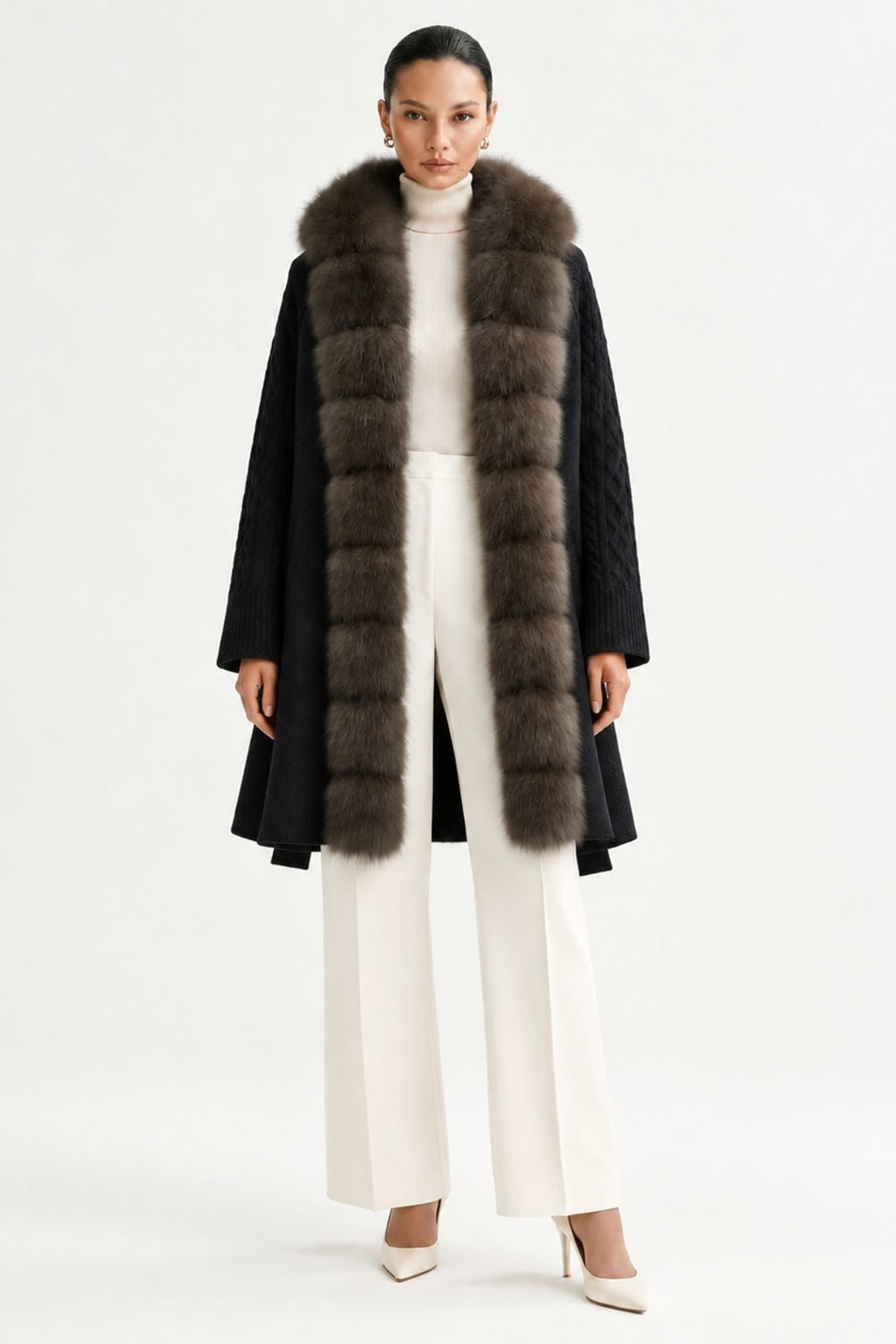 Wool Long Coat With Belted Silhouette And Fox Fur Placket - 6