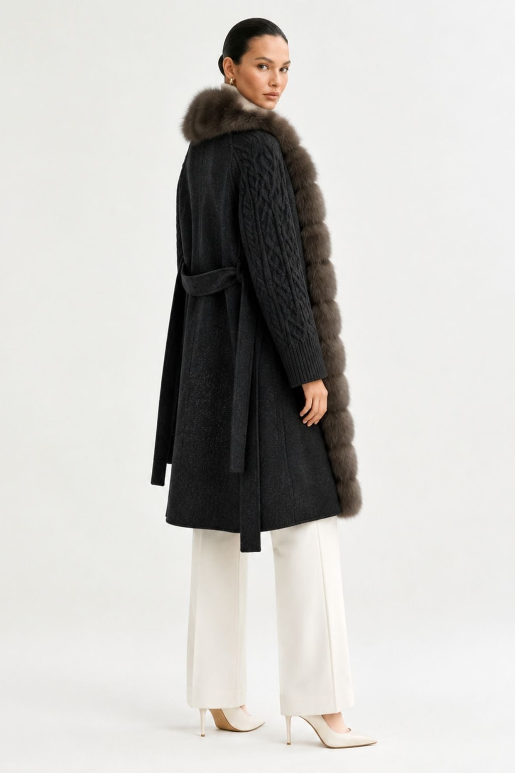 Wool Long Coat With Belted Silhouette And Fox Fur Placket - 7