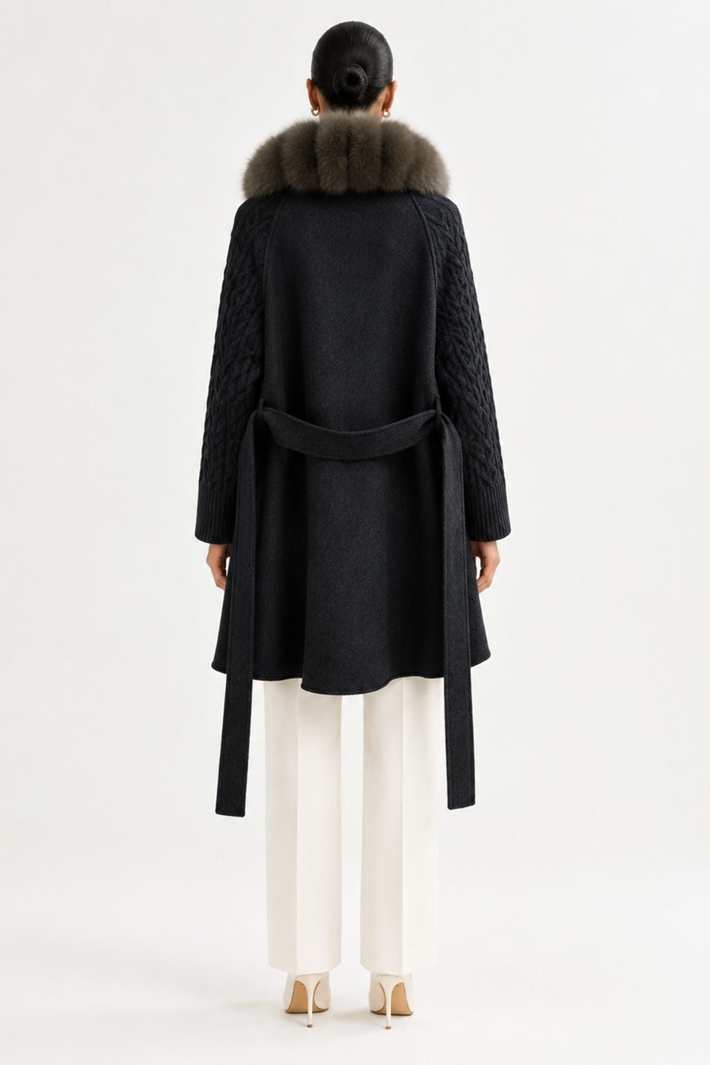Wool Long Coat With Belted Silhouette And Fox Fur Placket - 8