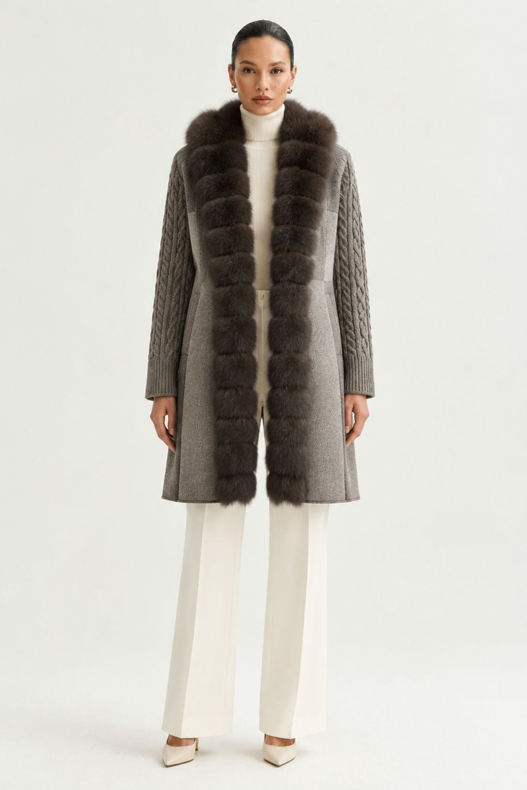 Wool Long Coat With Belted Silhouette And Fox Fur Placket - 9