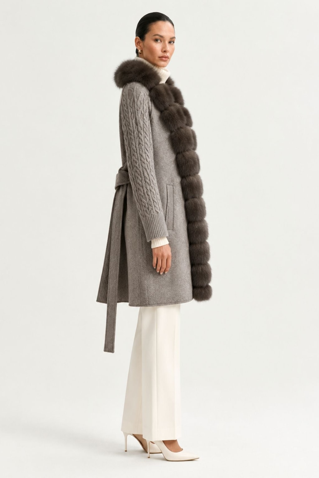 Wool Long Coat With Belted Silhouette And Fox Fur Placket - 10