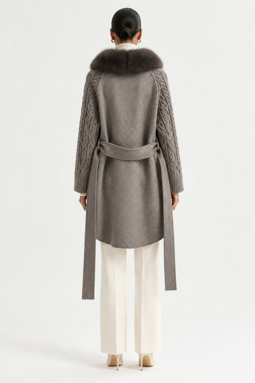 Wool Long Coat With Belted Silhouette And Fox Fur Placket - 11