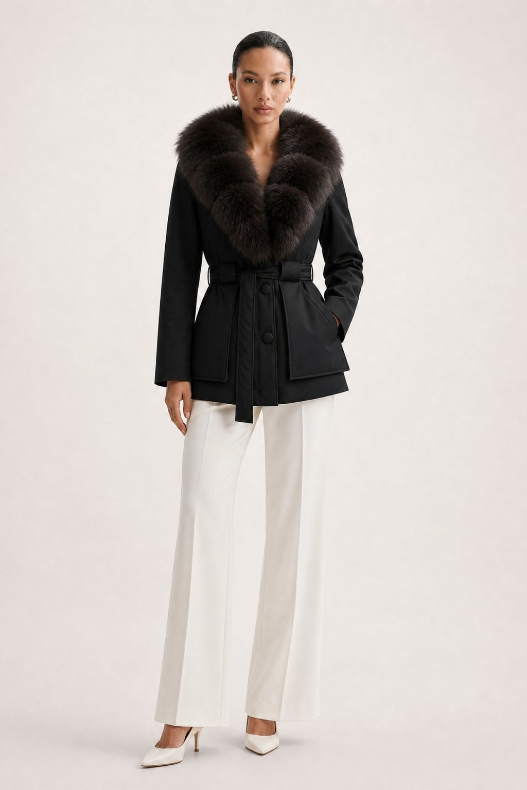 Down Jacket With Fox Fur Collar And Belt - 4