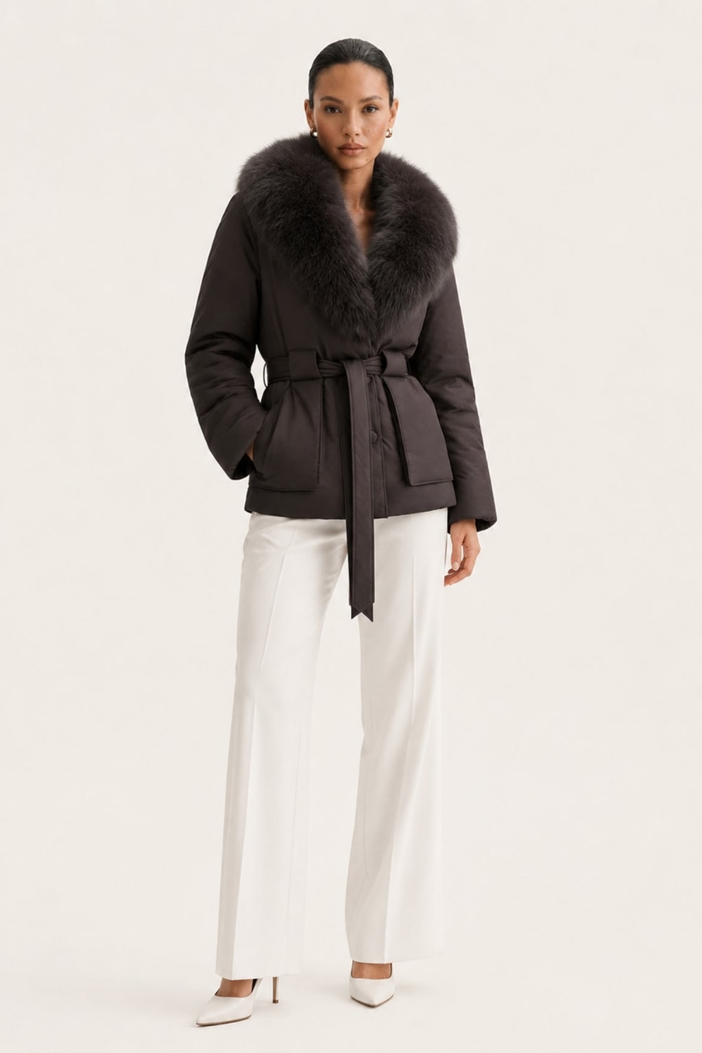 Down Jacket With Fox Fur Collar And Belt - 7