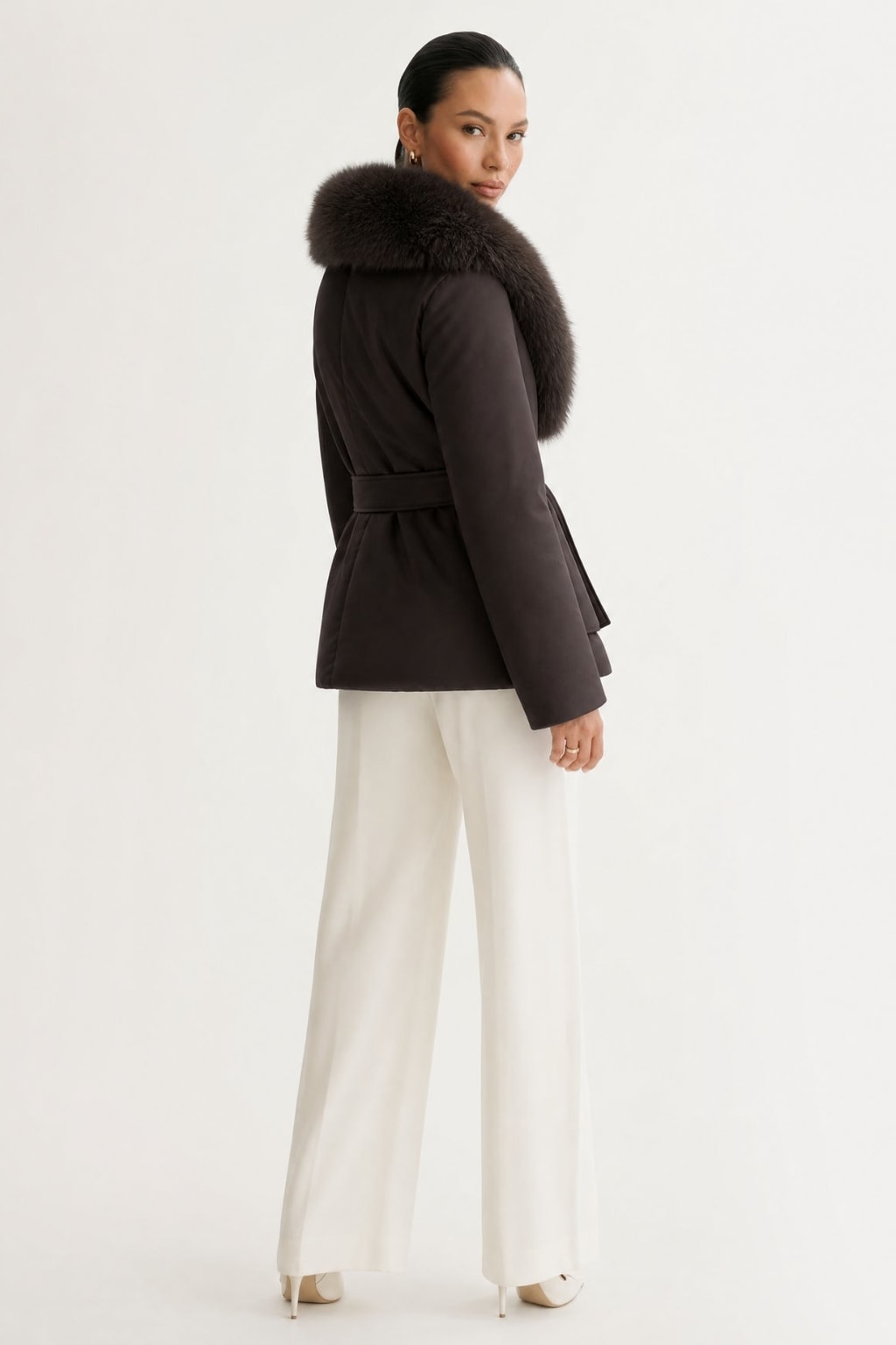 Down Jacket With Fox Fur Collar And Belt - 8
