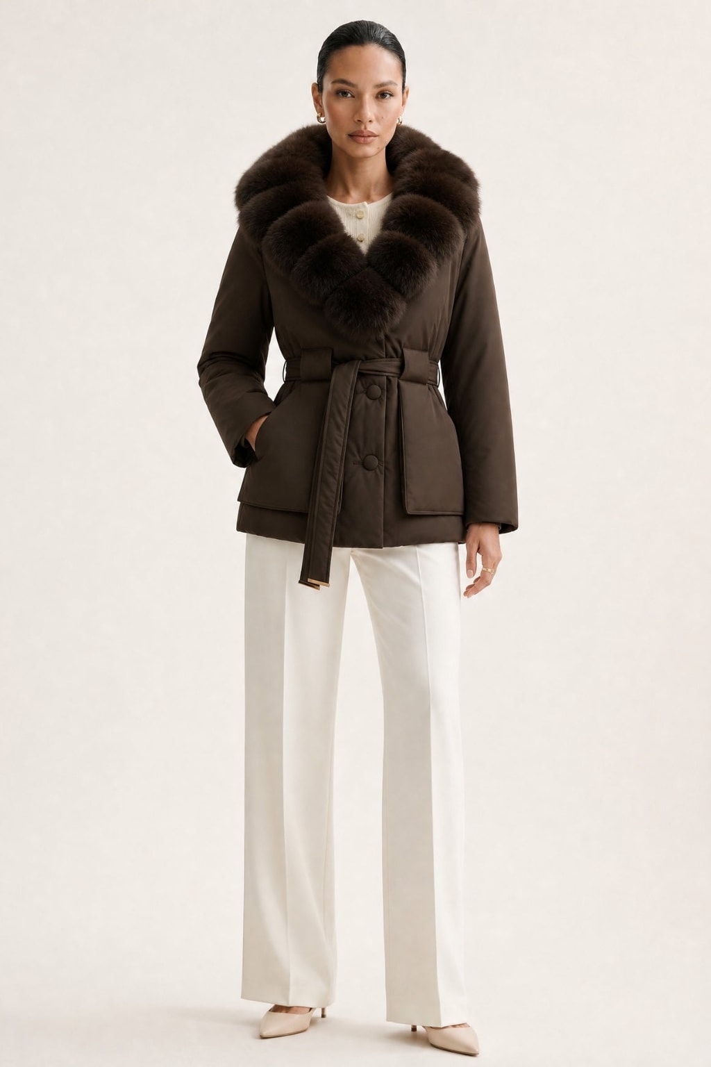 Down Jacket With Fox Fur Collar And Belt - 10